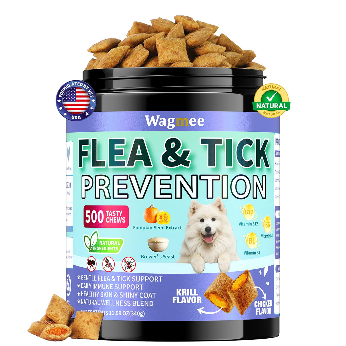 Flea and Tick Prevention for Dogs Chewables – 500 Crunchy & Creamy Tasty Chews, Natural Dog Flea and Tick Treatment Chewable, Oral Flea Chews Supplement for Dogs Puppies, All Breeds & Ages, Chicken