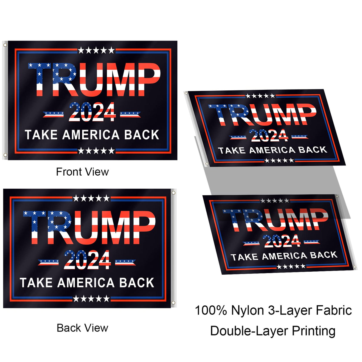 Trump 2024 Flag, 3x5 Feet Trump Flag 2024 Take American Back with 4 Pcs Trump 2024 Sticker, 3 Ply Double Sided Trump 2024 Flag with Brass Buttonhole Trump Flag for Outdoor Room (Black)