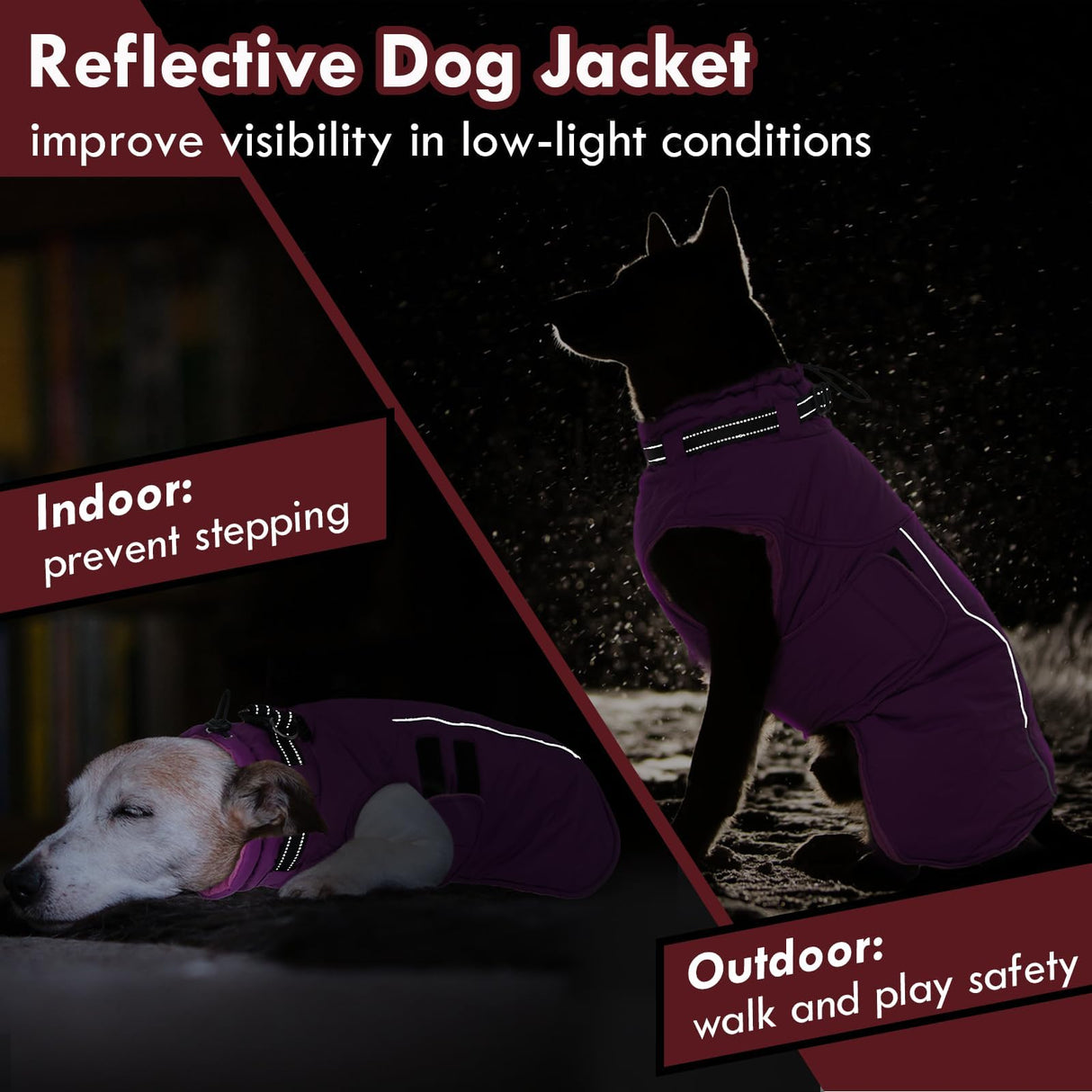 IKIPUKO Large Dog Jacket, Waterproof Winter Coat with Harness Built in, Reflective Adjustable Hook&Loop Dog Snowsuit Cold Weather, Warm Snow Coat for Dogs French Bulldog, L Purple