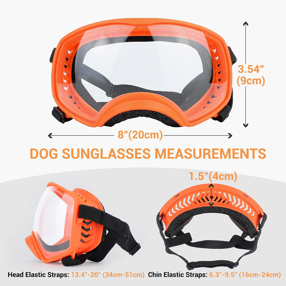 Billionchains Dog Sunglasses UV Protection Clear Dog Goggles Windproof Glasses with Elastic Straps for Medium-Large Breed, Orange Frame + Clear Lens