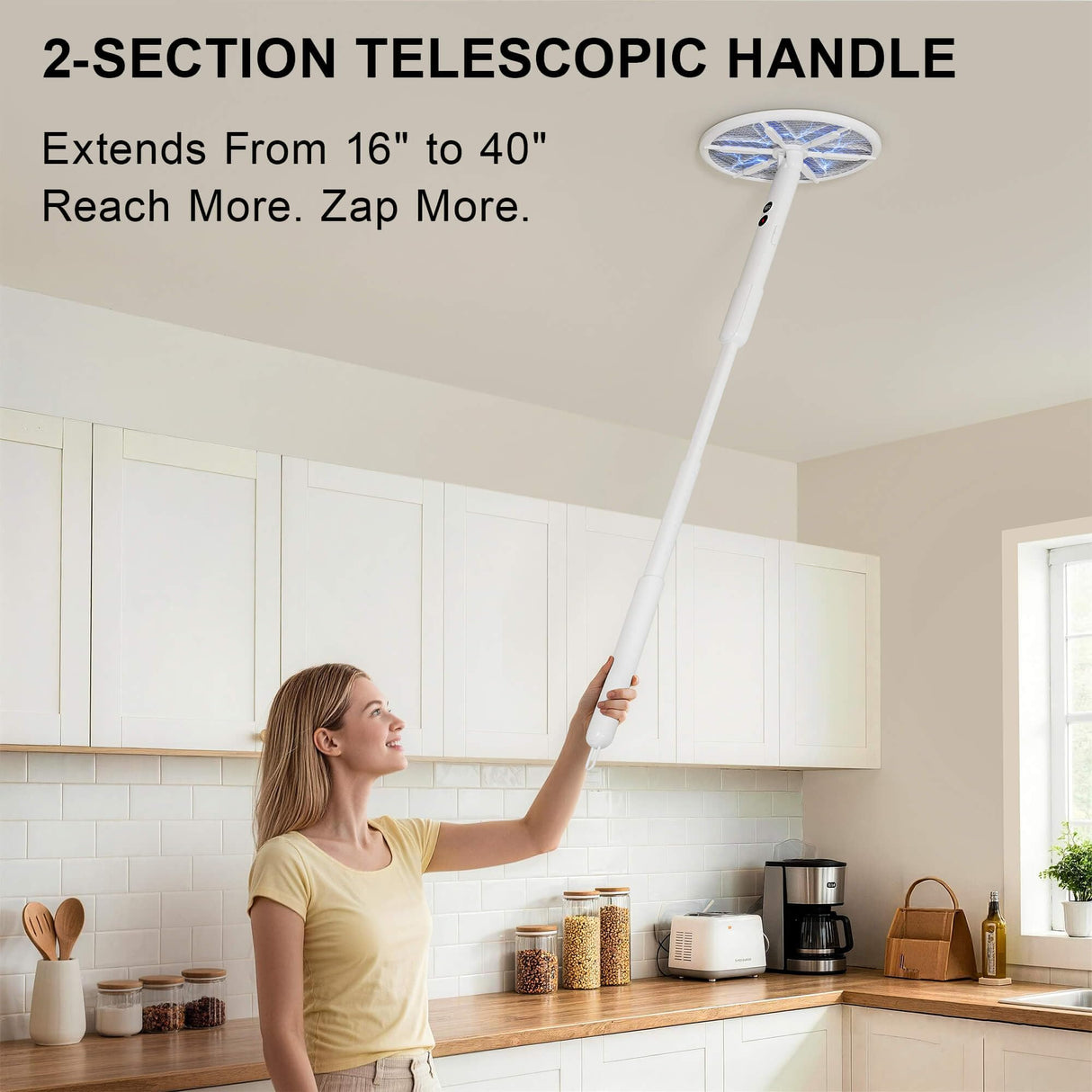 Rotating Head Electric Fly Swatter for Indoors with 16–40" Telescopic Handle, 4000V 2-in-1 UV USB Rechargeable Bug Zapper Indoor Outdoor, Fly Mosquito Zapper Killer Catcher Trap for Ceilings and Walls