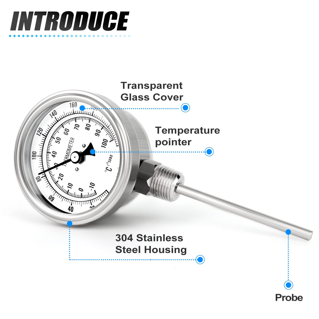 MEANLIN MEASURE 1/2" NPT Bimetal Thermometer for hot Water, boilers, and Pipes,3.3" Dial, 4.4" Stainless Steel Stem,Temperature Range 0-220°F/-10-100 ° C, Accuracy 2%,Lower Mount