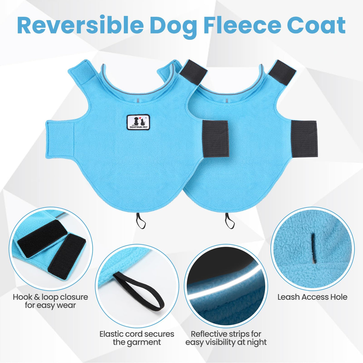 DENTRUN Reversible Dog Coat - Windproof Polar Fleece Vest with Reflective Neck Strips, Hook & Loop Closures, Easy-On Cold Weather Jacket for Medium Puppies (Medium Dogs Gear)