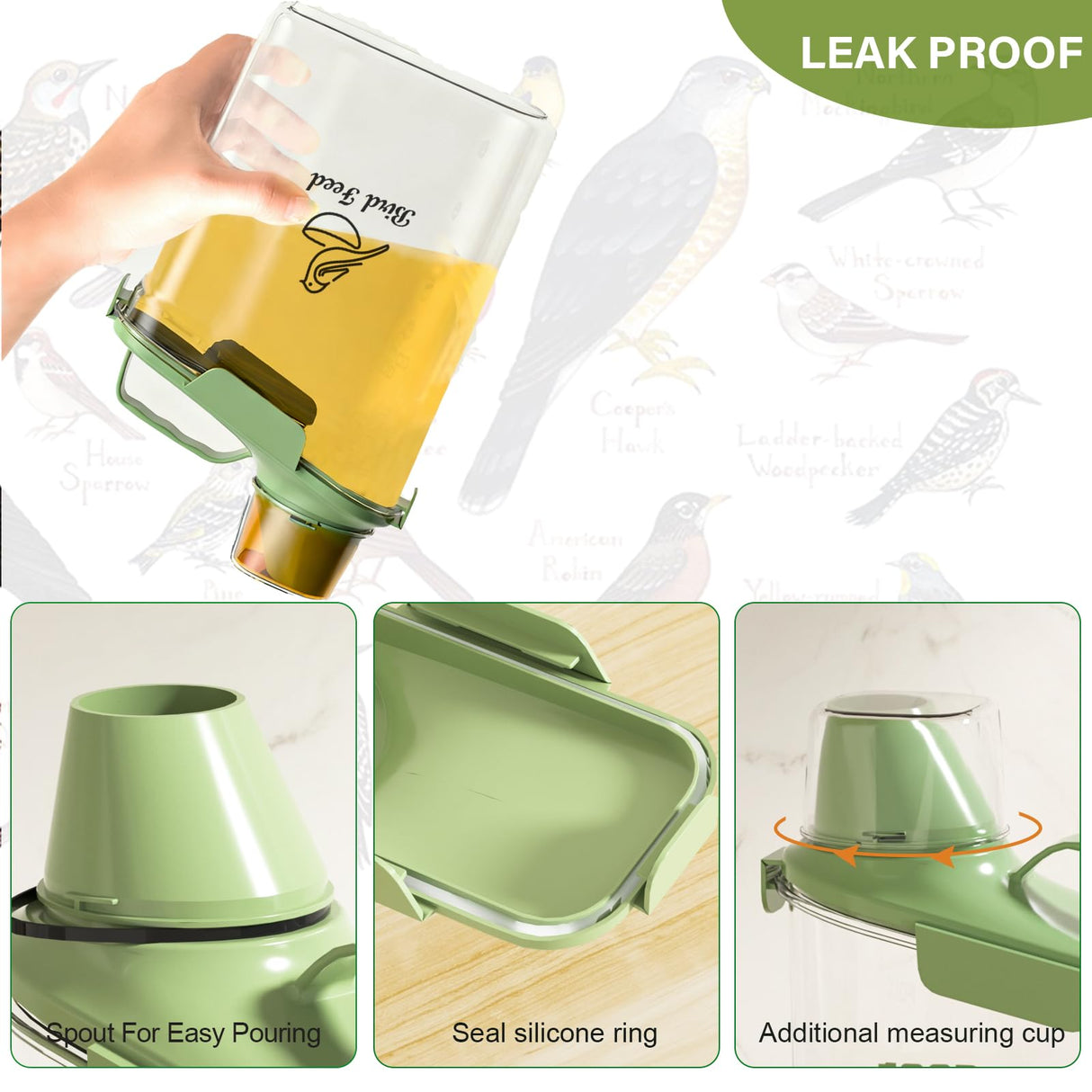 Brabtod Bird Seed Storage Container Portable-3 Qt/2.8 L Clear Pet Food Container-with Measuring Cup/Lid,Airtight Wild Bird Seed Dispenser for Storing Sunflower Seed|Squirrel proof|BPA Free-Green