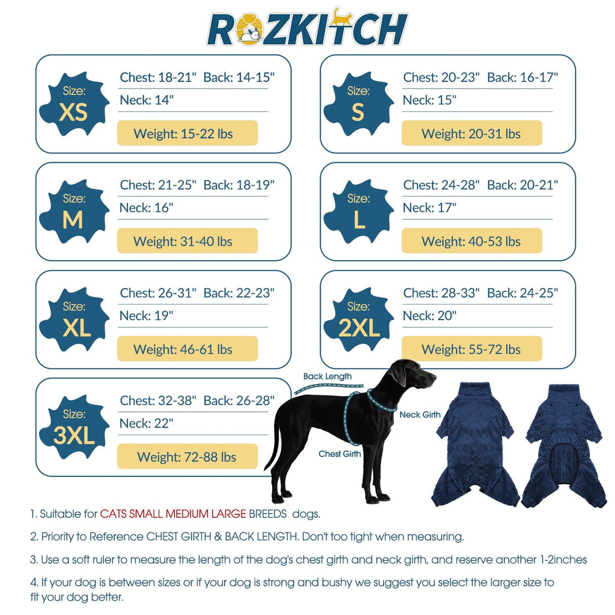 ROZKITCH Warm Dog Pajamas for Large Dogs, Windproof Full Coverage Pet Pjs, Soft Fleece Jacket with Full Coverage, Pullover Winter Coat with Super Warm Jump Suit Blue XXL