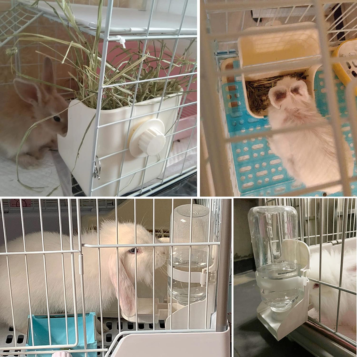 HERCOCCI Rabbit Hay Food Bin Feeder and Bunny Water Bottle Set, Hay Food Feeder Bowls Manger Rack with 500ml Hanging Water Dispenser Prevent Knock Over for Rabbit Guinea Pig Chinchilla (Large, White)