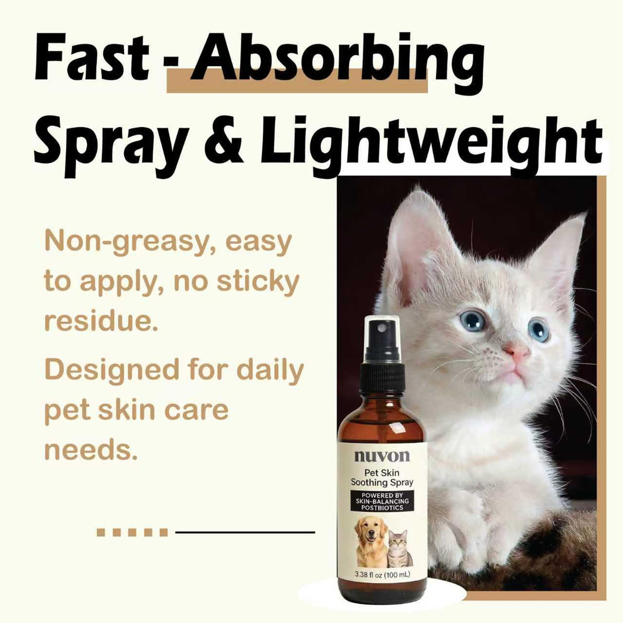 NUVON Pet Skin Soothing Spray, Postbiotics Restoration Spray for Dogs & Cats, Reduce Irritation, Rebuild Skin Barrier - 3.38 fl oz