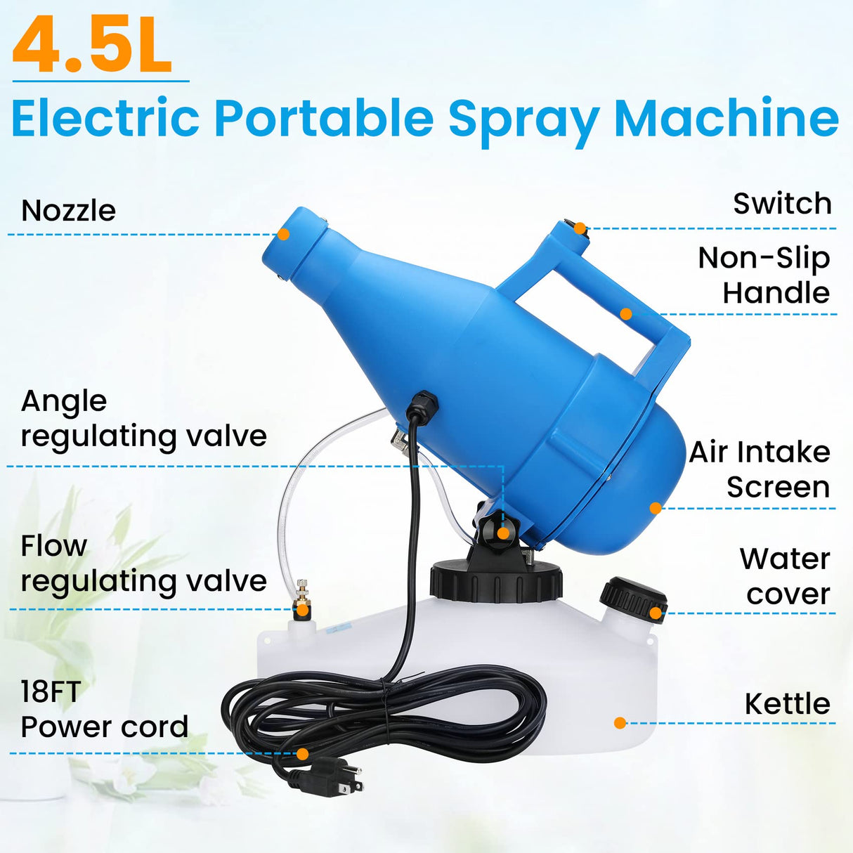Srora Electric Portable Fogger Sprayer 4.5L (1.2 Gallon),Electric Sprayers in Lawn and Garden,Portable Atomizer Foggers,Spray Distance is 30 Feet,Average Droplet 30 Micron,Fogger Multi Scenario Use