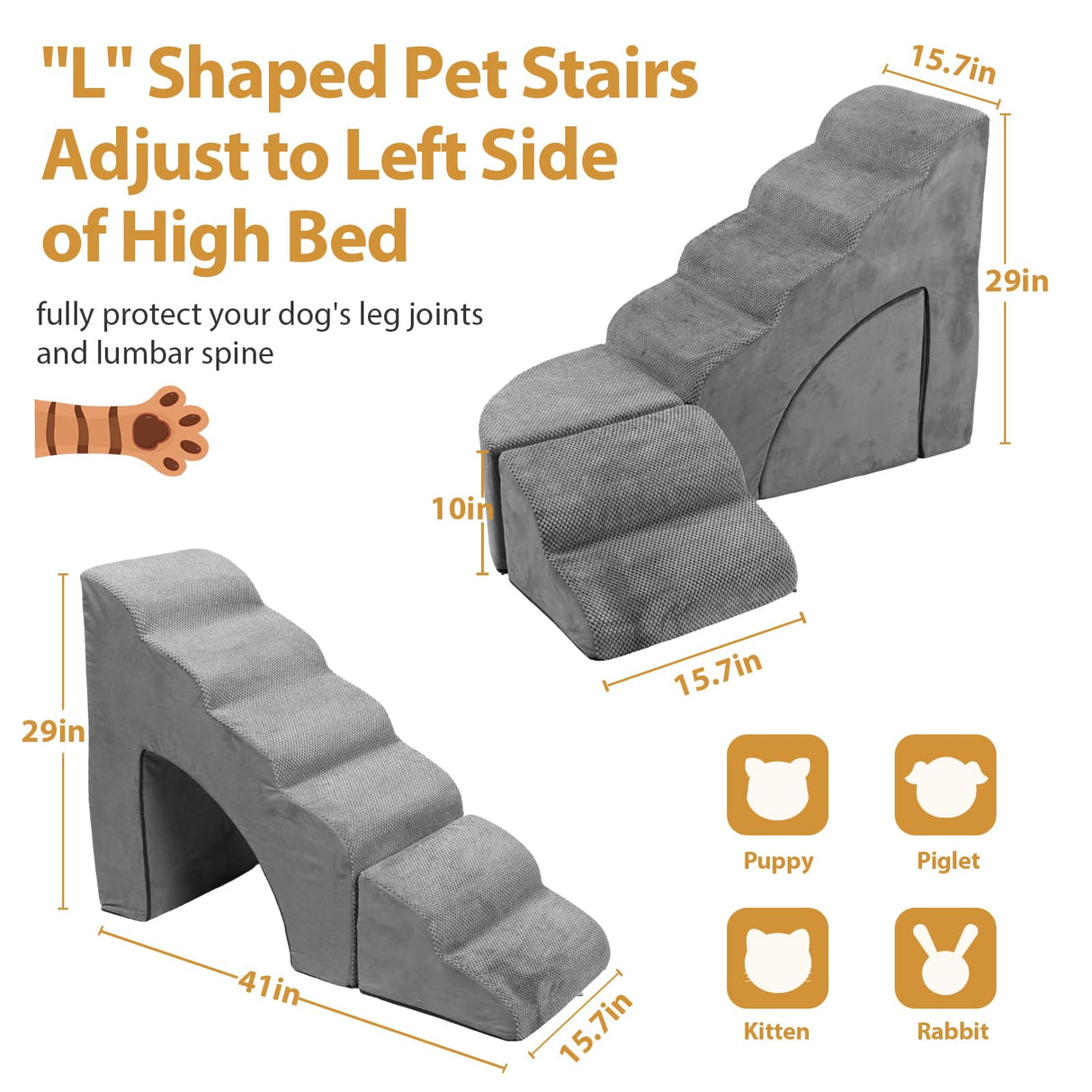 Dog Stairs for High Beds up to 32" H, A.FATI 6 Step Pet Ramp with Machine Washable Cover, Non-Slip Dog Steps for Bed for Small/Medium/Old Dogs, 30D Foam Pet Stairs