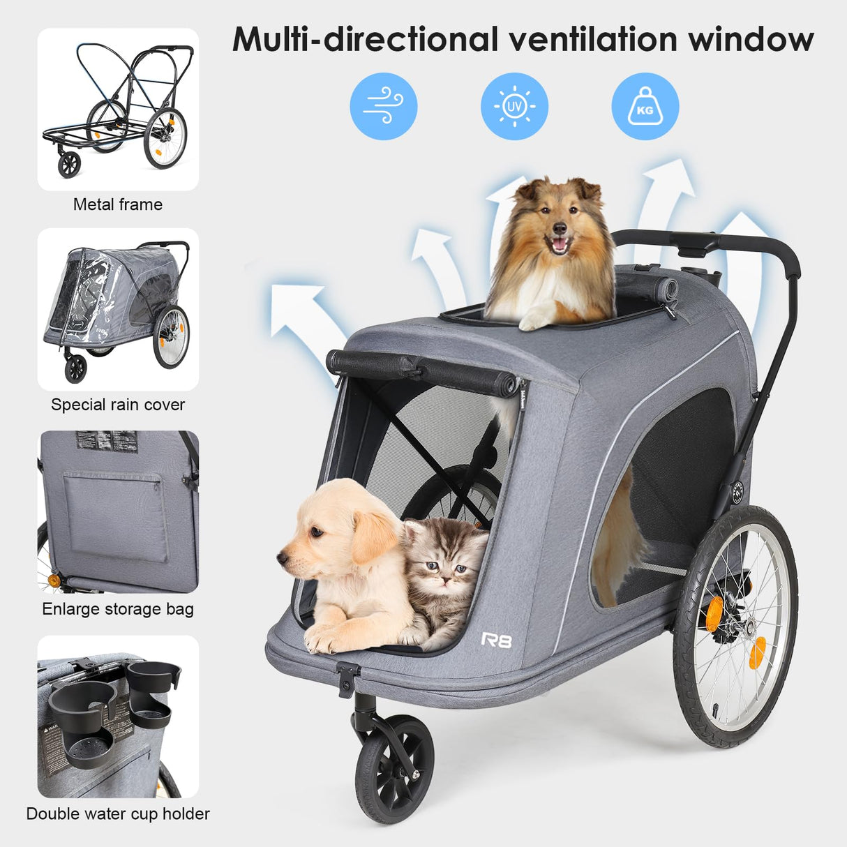 Beberoad Pets R8 Extra Large Foldable Pet Stroller, Dog Stroller & Pet Trailer for Large Dogs Under 100 lbs, Unmovable, Disabled & Pregnant Dogs - Conveniently Carriable by Bike and Car, Grey