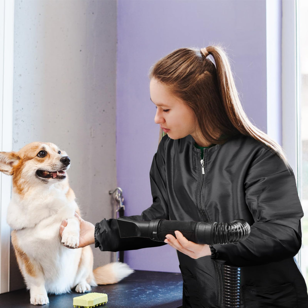 Pumtus Waterproof Pet Grooming Smock, Long Sleeves Dog Grooming Workwear, Baber Hairdresser Uniform with Full Zipper & Pockets, Anti-Static Professional Stylist Jacket for Salon, Pet Shop (Medium)