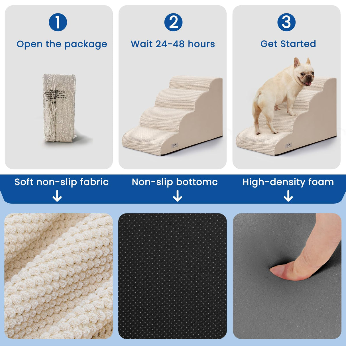 Airpanda Dog Steps for Bed, 4 Step Pet Stairs for Small and Medium Dogs, Non-Slip Dog Ramp with Washable Cover, High-Density Support Foam for Easy Climbing,Beige