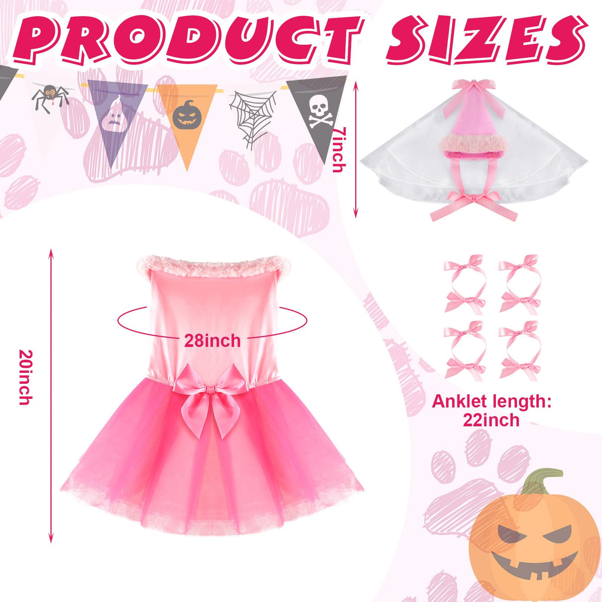 Sweetude 6 Pieces Halloween Princess Dog Costume Set Female Puppy Princess Tutu Skirt Dog Hat Delicate Cuffs PET Pink Outfits for Dogs Birthday Wedding Party (XXL)