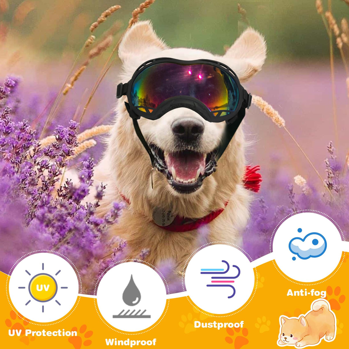 Dog Goggles for Large Dogs, UV Protection Dog Sunglasses, Adjustable Strap, Windproof、Dustproof、Anti-Fog Eye Protection Sunglasses for Large and Medium Dogs (Black Frame)