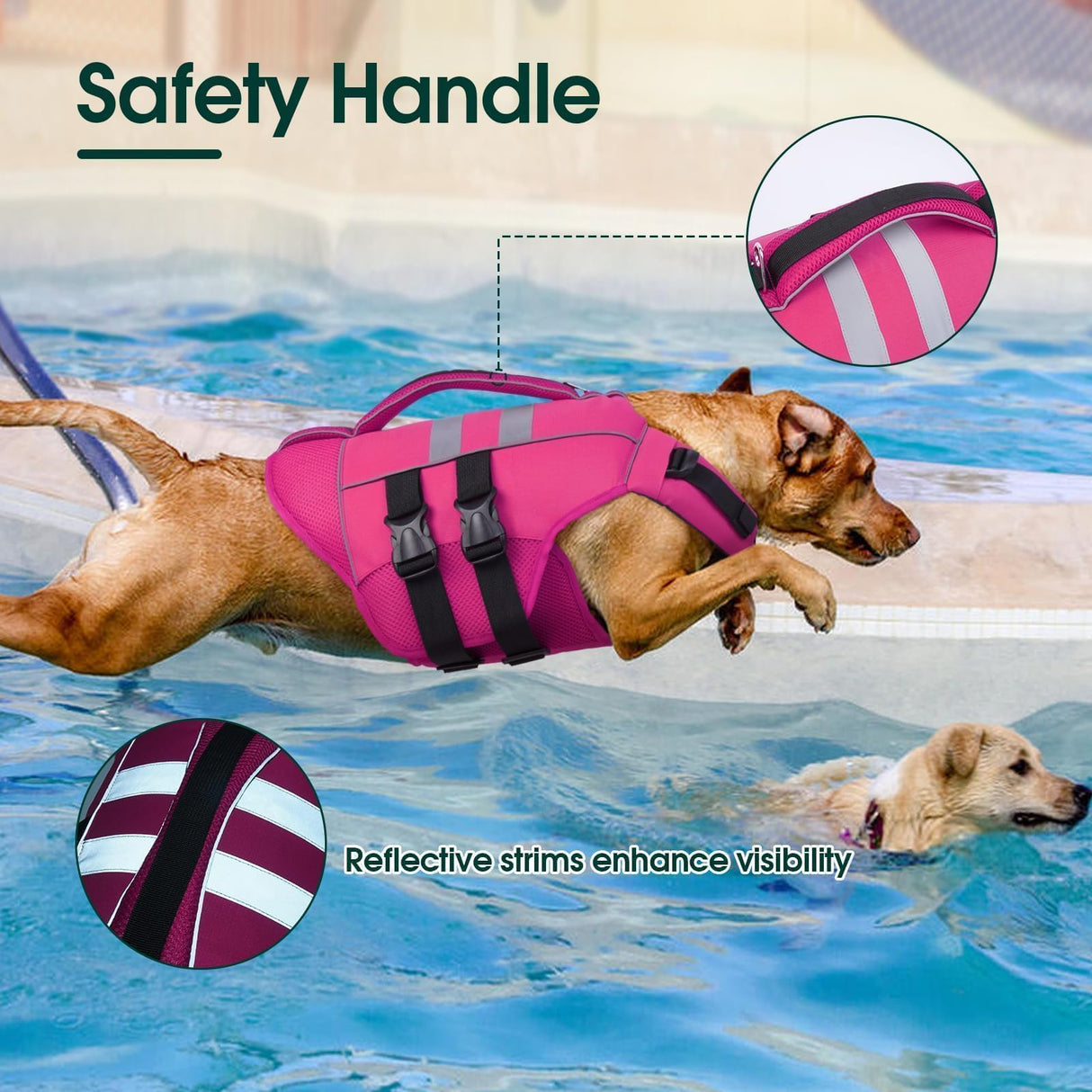 Kuoser XL Dog Life Jacket, Large High Flotation Dog Life Vest for Swimming Boating, Reflective Dog Swimming Vest Pet Life Preserver with Rescue Handle, Rose XL