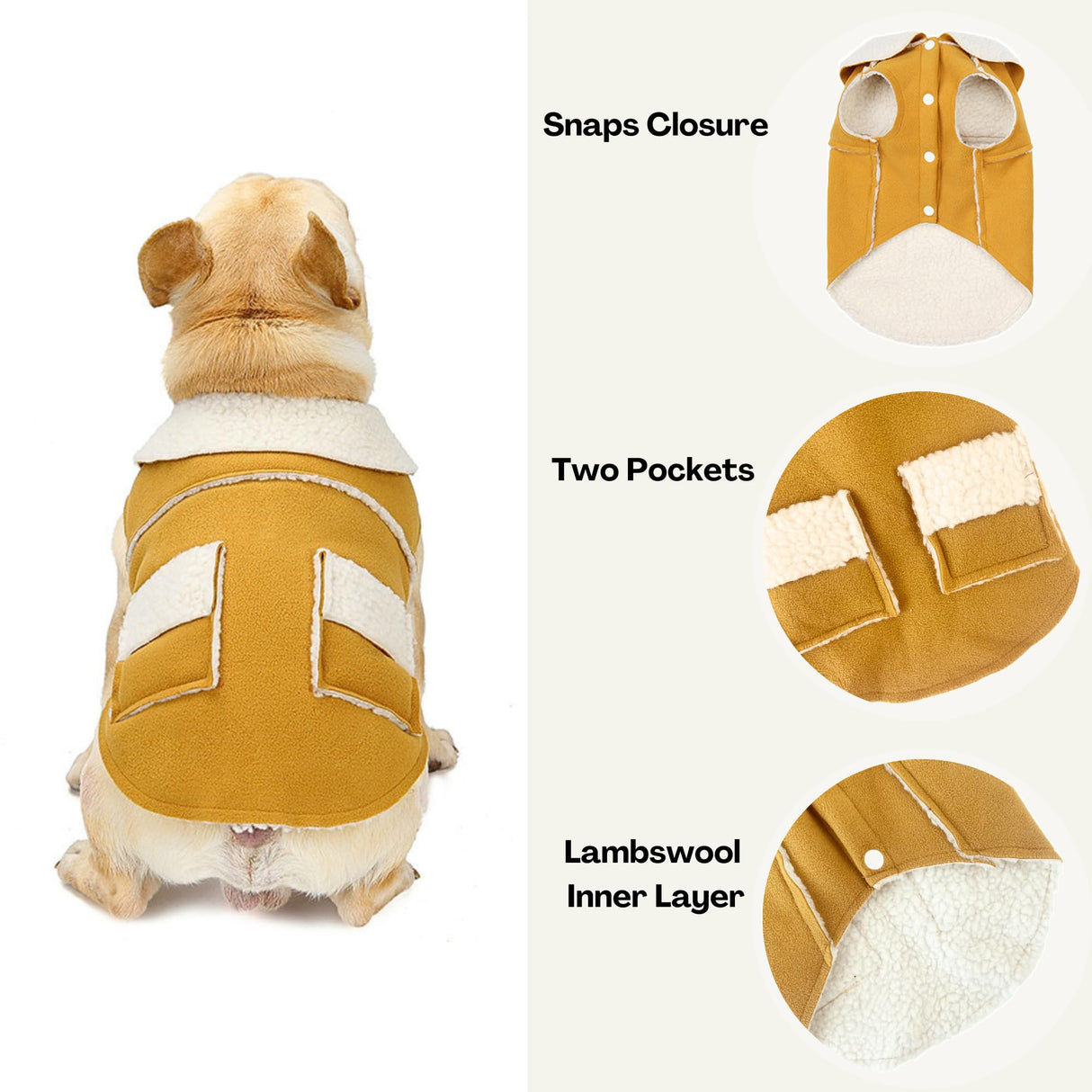 CHEERTAILS French Bulldog Clothes Frenchie Clothes, Snaps Closure Dog Winter Coat Jacket for Small Medium Dogs, Fleece Warm Dog Sweaters for Small Dogs Boy Girl,Beige,XL