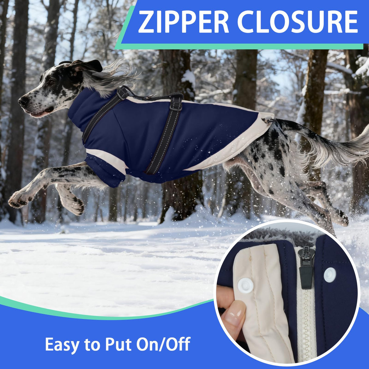 MIGOHI Waterproof Dog Coat with Harness Adjustable Dog Jacket Pet Winter Coat with Zipper,Christmas Small Fleece Jacket for Small Dogs,Extra Long Sleeves Warm Winter Snowsuit for Dogs,M,NavyBlue