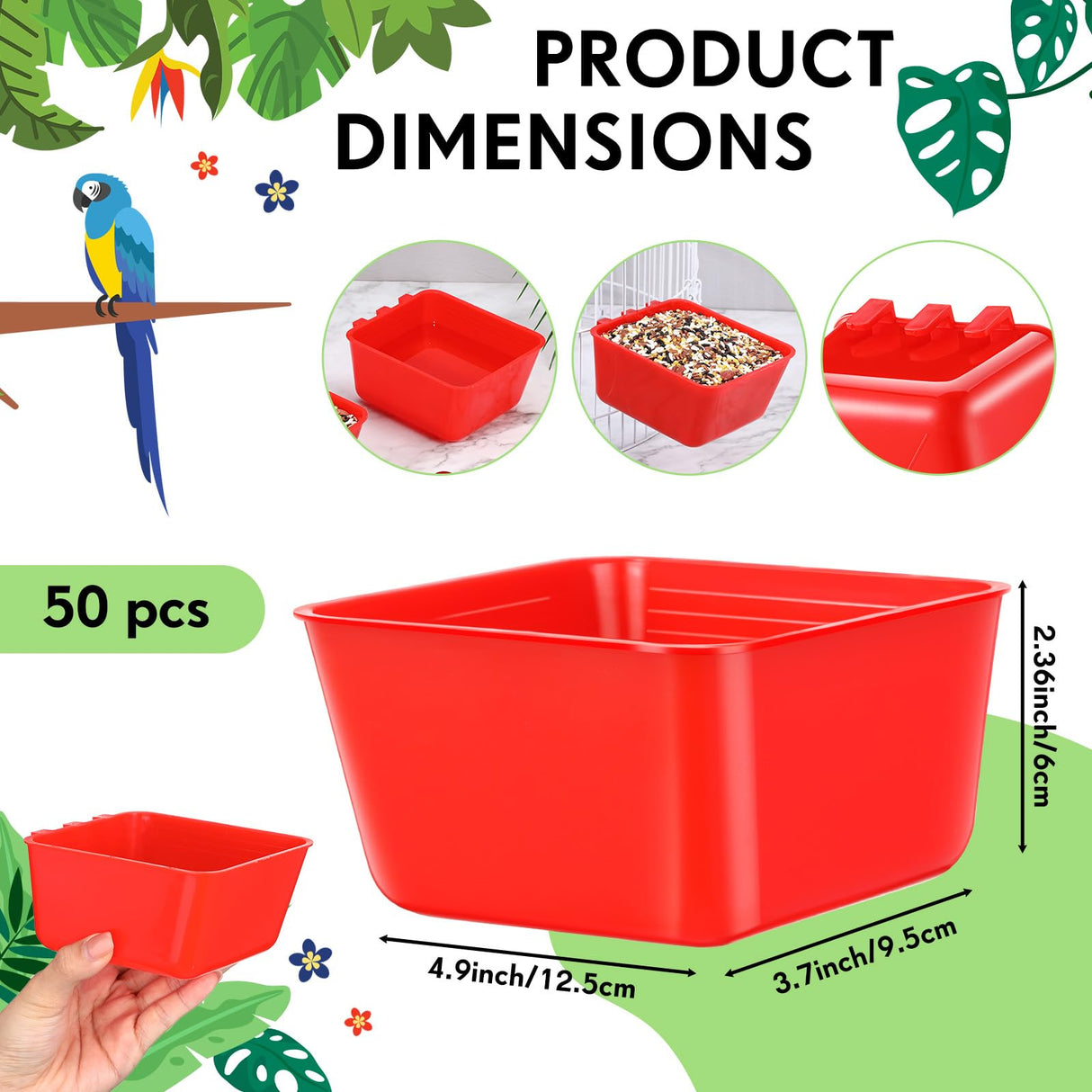 Maxdot 50 Pcs Cage Cups Chicken Feeder Cups 16 oz Hanging Bird Food Water Bowl Bunny Cage Feeding Dish for Pet Parrot Rooster Parakeet Gamefowl Poultry Pigeon(Red)
