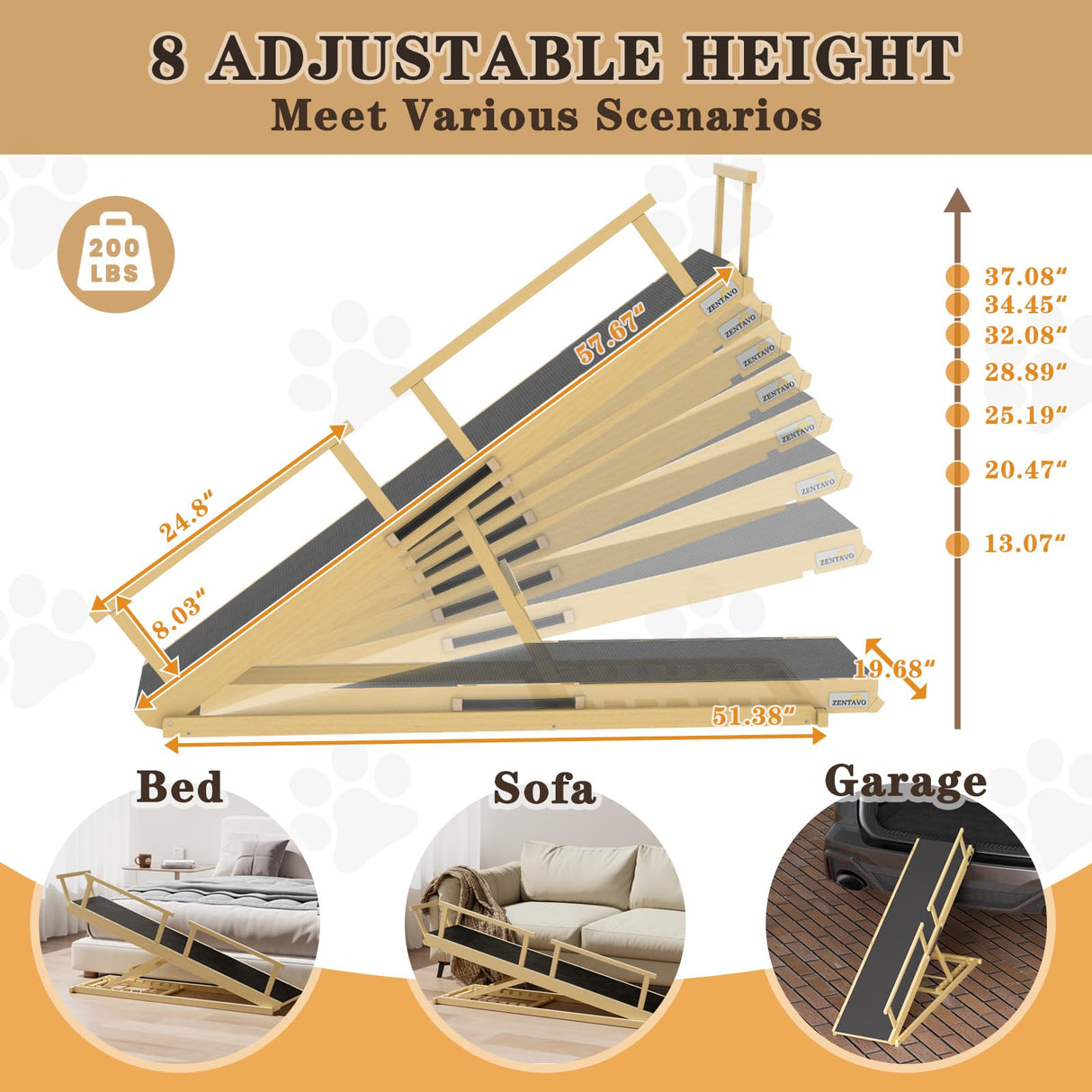 ZENTAVO Dog Ramp for Bed - 7-Level Adjustable (13"-37") Birchwood Dog Ramp for High Bed, Couch, 60" Foldable with Rails for Large Dogs, Non-Slip EVA Mat, DIY Glow Strips, Wooden Ramp Support 200 Lbs