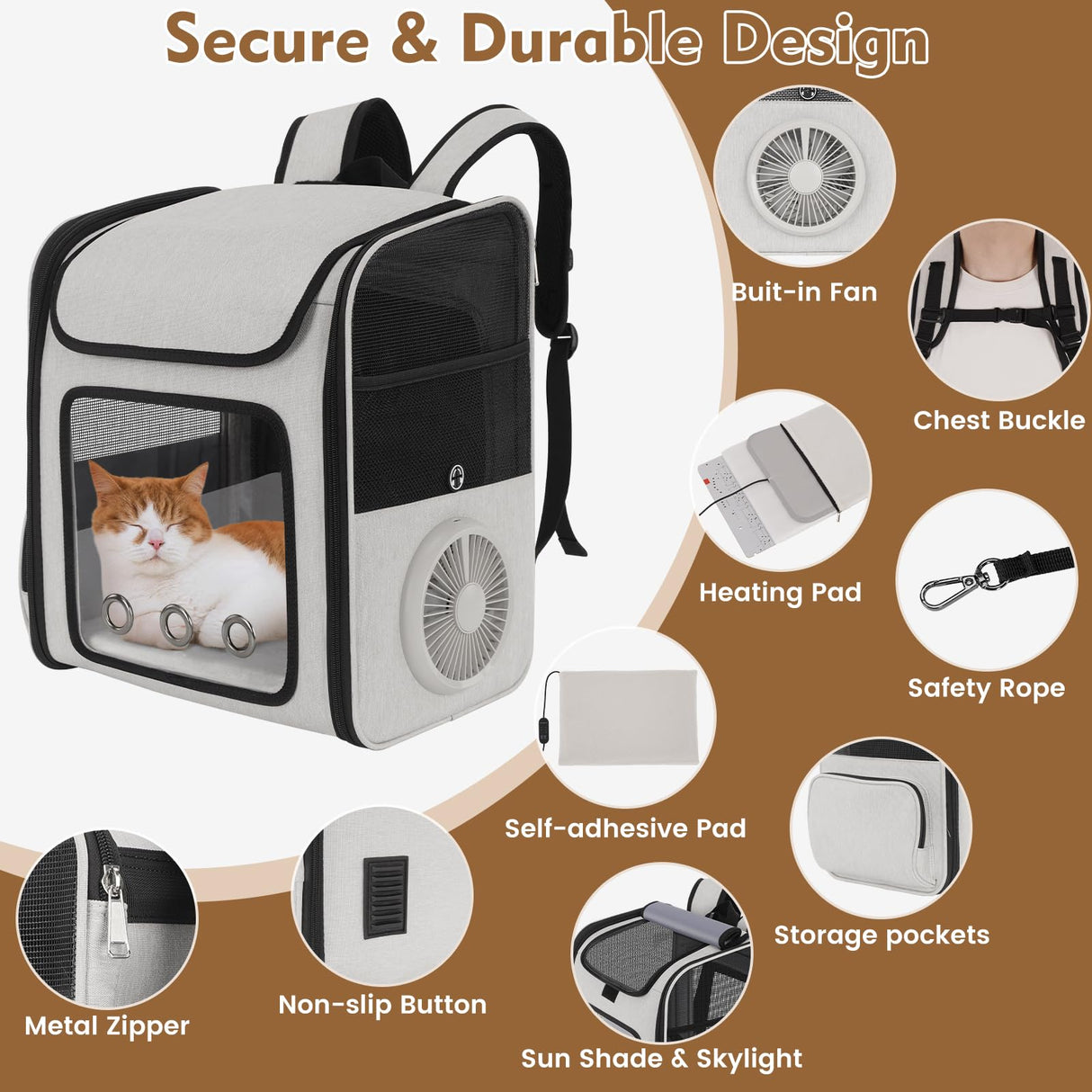TTPet Pet Backpack Carrier with Built-in Cooling Fan & Heating Pad, Expandable Cat Carrier Backpack for Cats and Small Dogs, Ventilated Travel Backpack Carrier for Hiking/Outdoor/Vet Visits, Grey