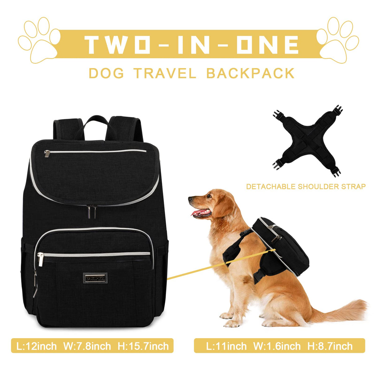 BAGLHER Travel Dog Backpack - Detachable Travel Dog Food Container for Pet Supplies Dog Gear Backpack,Dog Bag for Traveling with 2 Silicone Collapsible Bowls and 2 Food Baskets Black