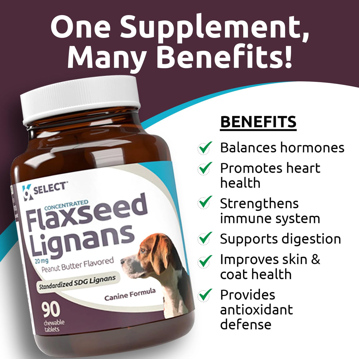 K9 Select Concentrated Flaxseed Lignans for Dogs, 20mg 90 Tablets, Peanut Butter Flavored Chewable, Impove Coat