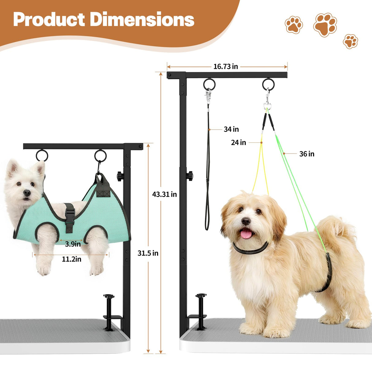 MHACVVO Dog Grooming Table Arm, 31.5"-43.3" Adjustable Pet Stand with Hammock & Clips – 3-in-1 Grooming Kit for Nail Trimming, Haircut & Drying, Home Supplies for Small Dogs