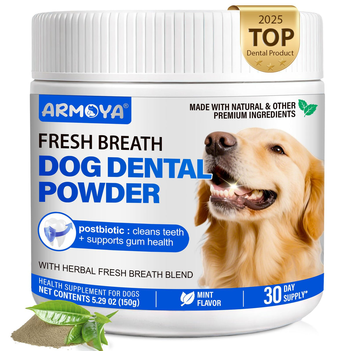 Dog Teeth Cleaning Powder - Dental Powder for Dogs Teeth - Plaque Removal - Supports Gum Health - Tartar Remover with Natural Herb Blend and Postbiotics 30 Day Supply - Mint Flavor