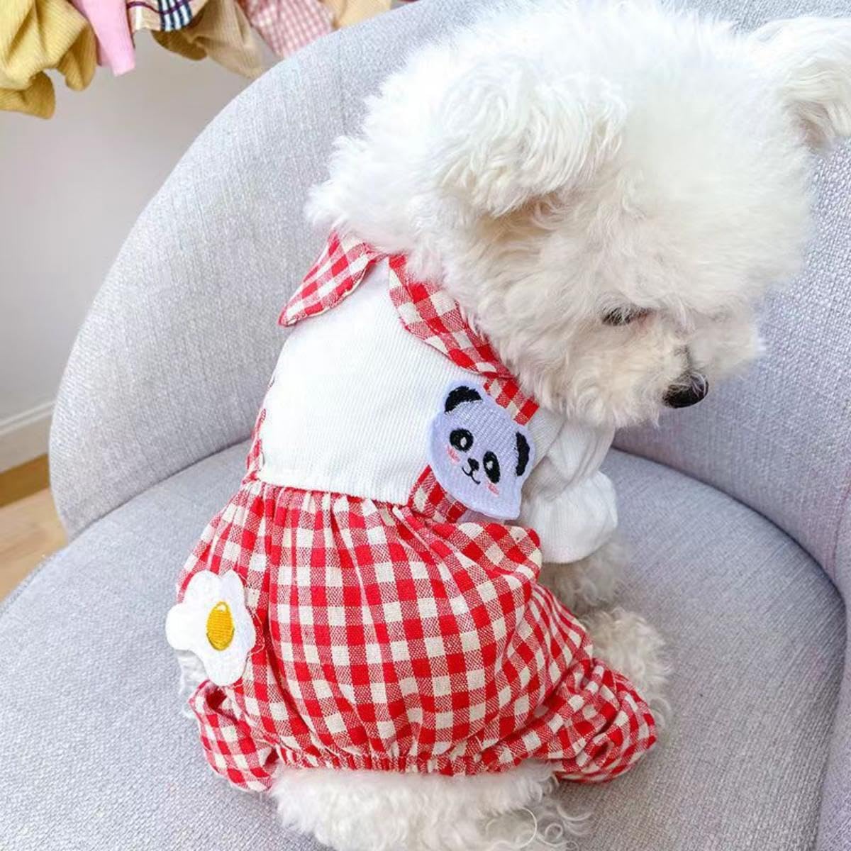 Generic Dog Jumpsuit Summer Dog Clothes Dog Shirts Plaid Outfit Panda Egg Puppy Pajamas Lightweight Pet Overalls Cat Shirt Apparel Breathable Sweatshirt Dog Clothes for Small Medium Dogs Red XL