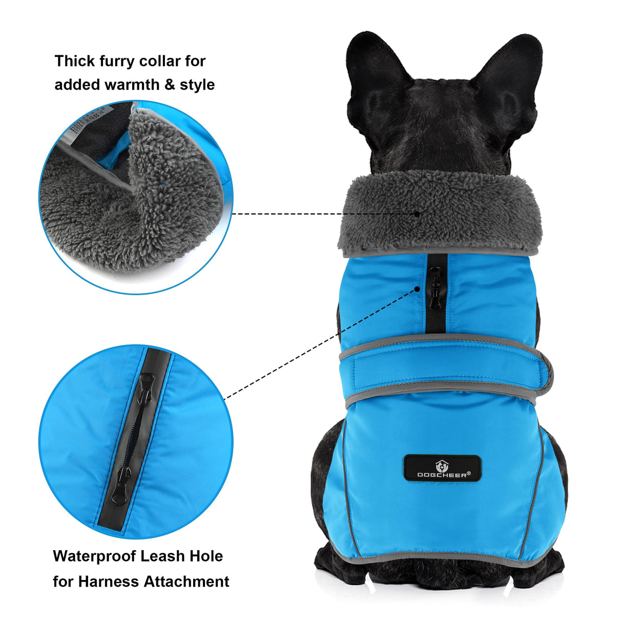 Dogcheer Dog Coat, Waterproof Dog Jacket Reflective Pet Winter Coat with Adjustable Hook & Loop, Christmas Puppy Fleece Jacket Warm Turtleneck Snowsuit for Small Medium Large Dogs - Sky Blue, L