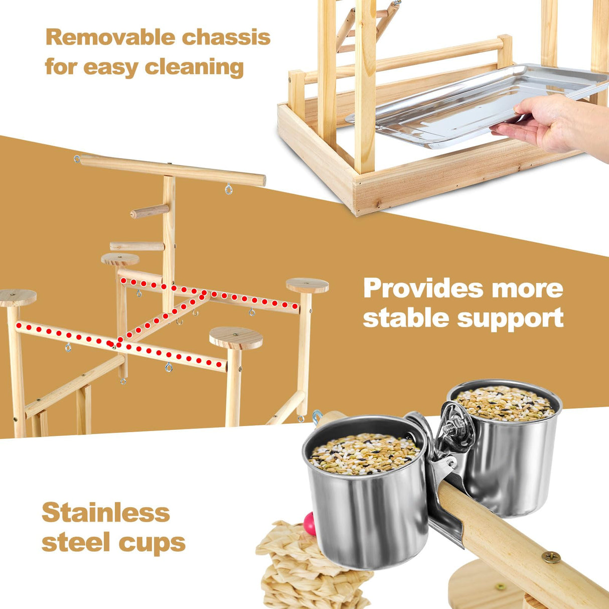LIMIO Bird Playground - Natural Wood Parrot Playstand with Perches, Bird Play Gym & Accessories, Removable Tray & 4 Stainless Steel Cups