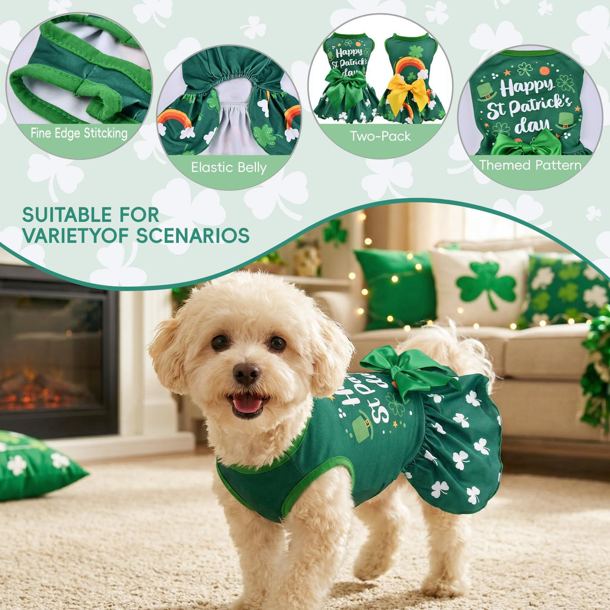 Vehomy 2-Pack Saint Patricks Day Dog Cat Dress St Patricks Clover Rainbow Puppy Dresses with Bow Pet Bowknot Shamrock Skirt Outfit Costume for Puppies Cats Small & Medium Dogs XS