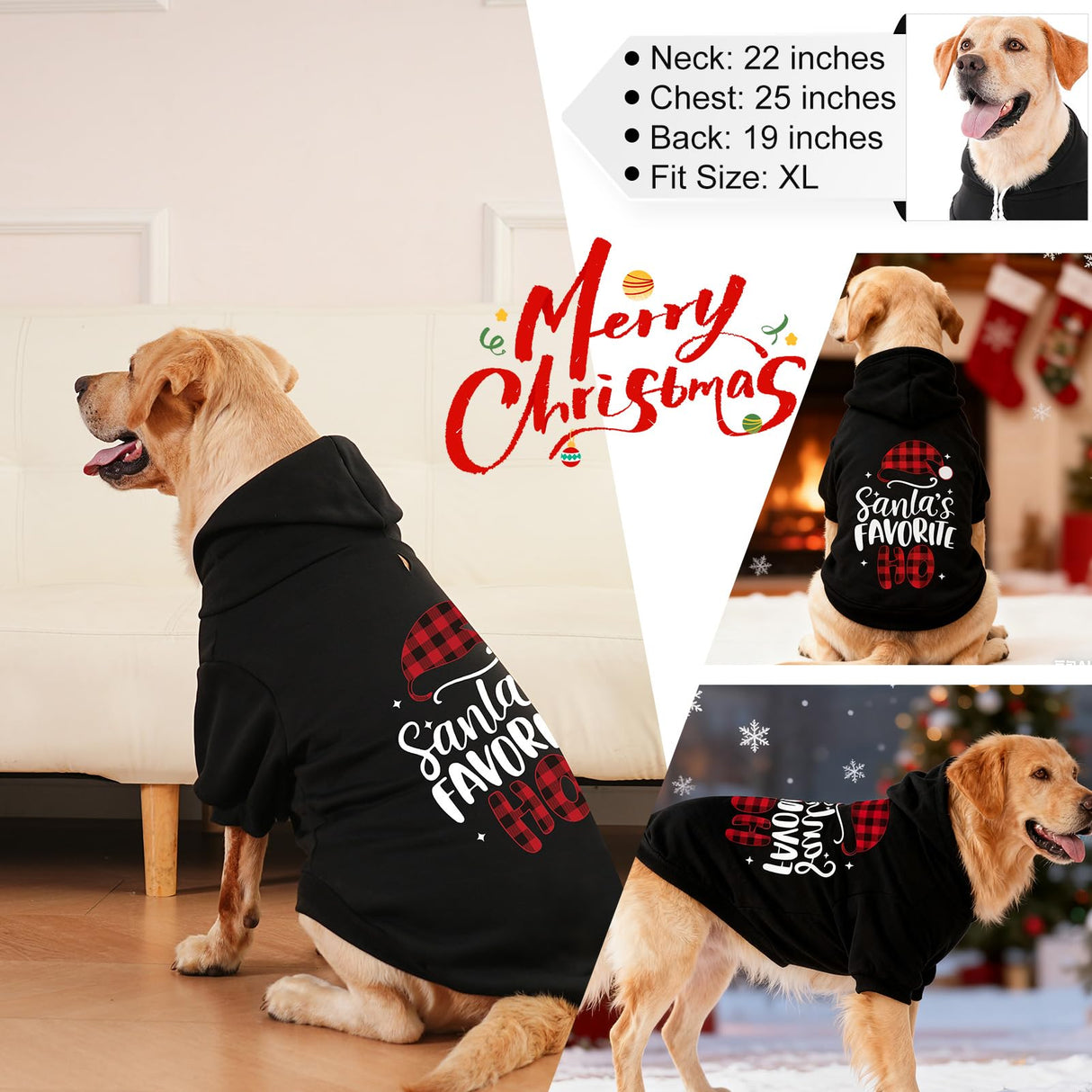 EXPAWLORER Dog Christmas Hoodie - Dog Christmas Sweater Xmas Sweatshirt with Santa Hat Print, Warm Fleece Lined Holiday Pet Outfit with Leash Hole, Cozy Soft Pet Clothes Coat for Large Dogs, 2XL