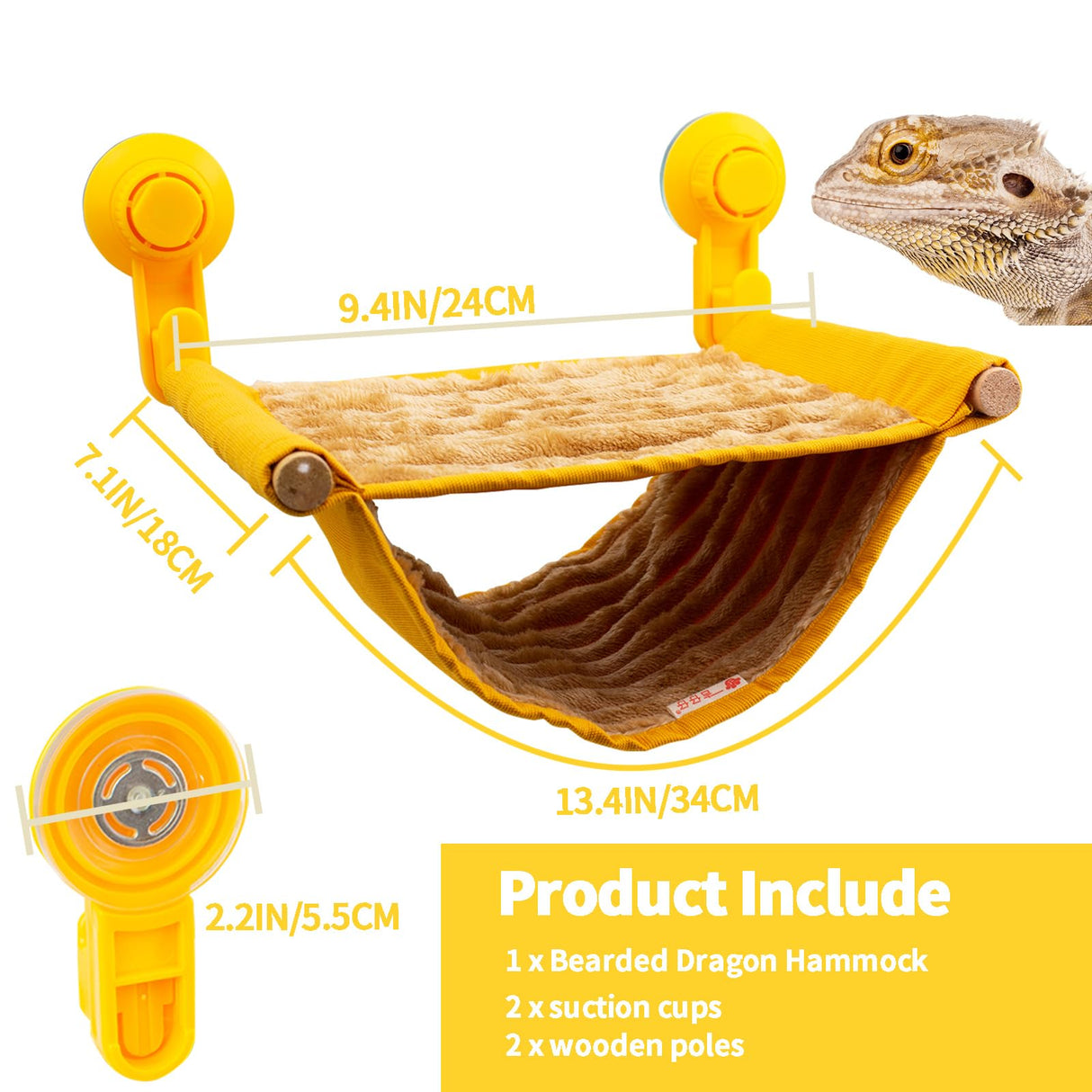 FlidRunest Bearded Dragon Hammock with Suction Cups, Soft Lizard Hammock Bed, Winter Warm House Tent, Reptile Tank Perch-Yellow