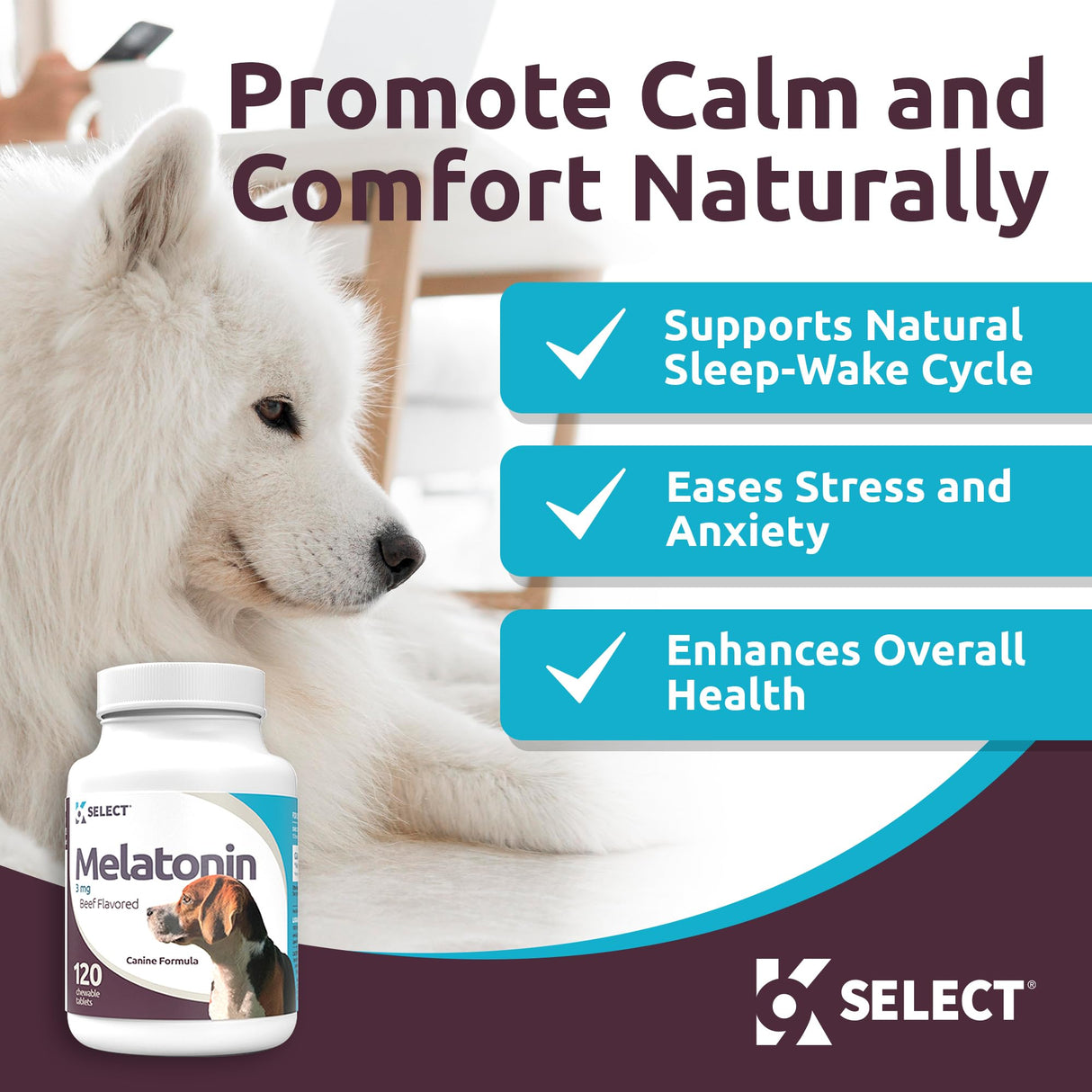 K9 Select Melatonin for Dogs - Composure Dog Calming Chews - Dog Melatonin for Sleep - Reduce Stress Helps Composure Calming Treats for Small Dogs - 3 mg, 120 Beef Flavored Chewable Tablets