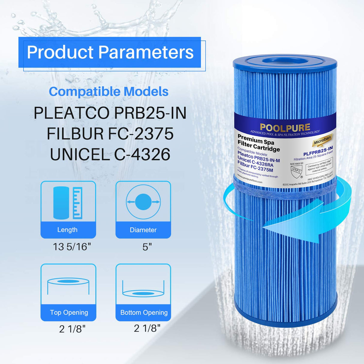 POOLPURE Antimicrobia PRB25-IN-M Spa Filter Replaces Unicel C-4326RA, Filbur FC-2375M, 3005845, 17-2327, 100586, 33521, 25392, 817-2500, 5X13 Drop in Spa Filter 1 Pack