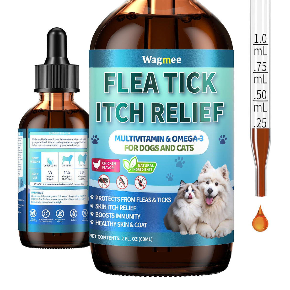 Flea and Tick Prevention for Dog and Cat, Natural Oral Flea & Tick Itch Relief Support Drops with Multivitamin for Pets - Supports Healthy Skin & Coat - Oral Supplement for All Breeds & Ages - Chicken