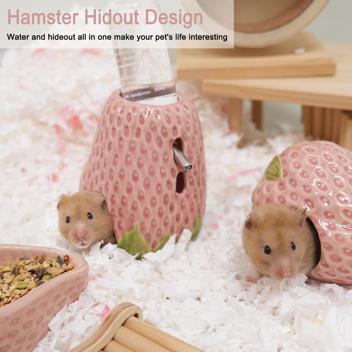Hamster Water Bottle, Strawberry Ceramic Hamster Gerbil Water Bottle for Glass Tank, Dispenser, 80ML Bottle for Water Holder Stand with 2 No Drip Caps for Syrian Mice, Gerbil(Pink