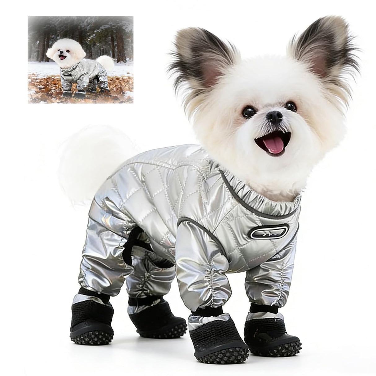Dog Winter Coat with Attached Boots, Waterproof Insulated Quilted Full Body Suit for Small Medium Dogs, Reflective Puppy Snow Outfit for Outdoor Walking (S)