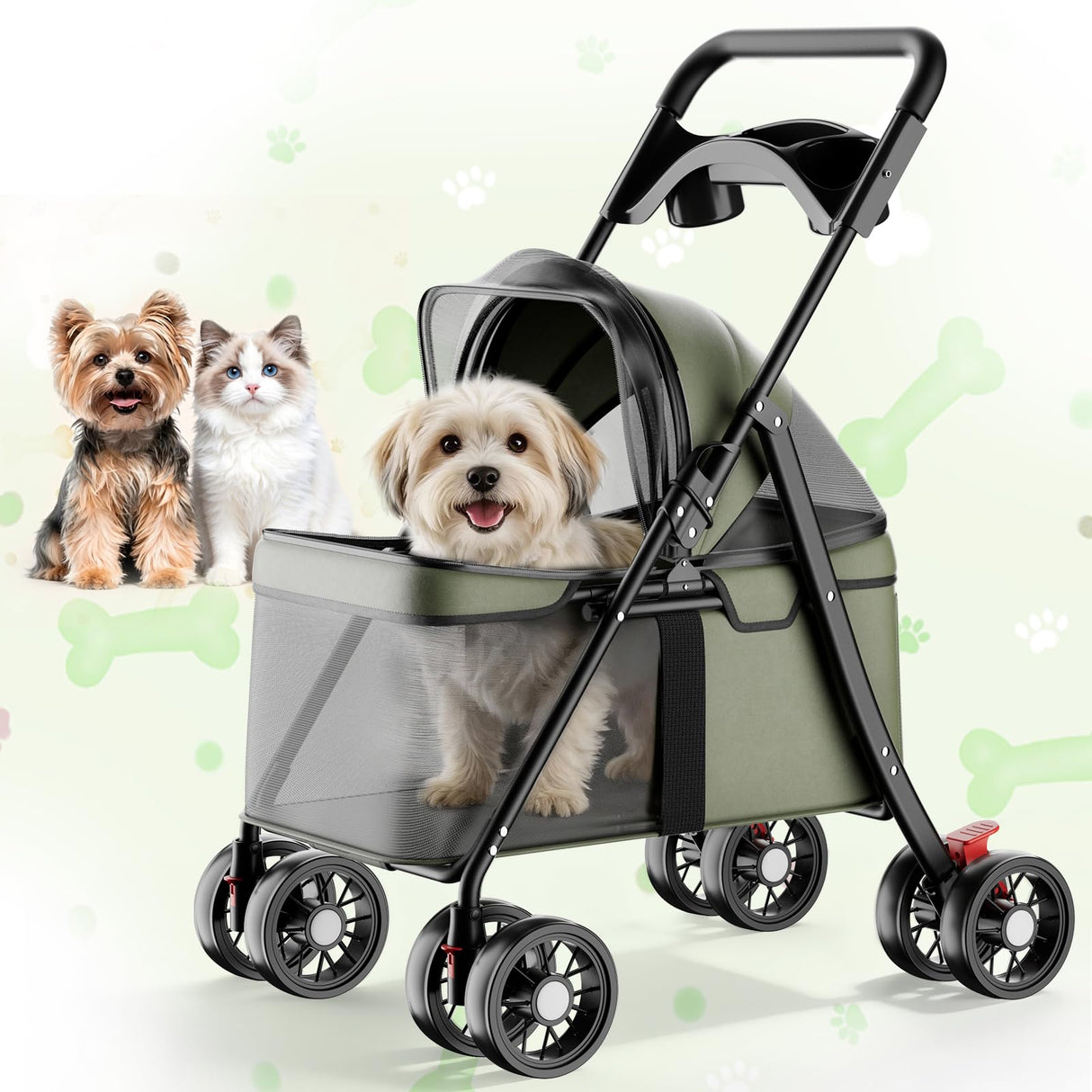 GTPLAYER Foldable Pet Stroller for Small Dogs and Cats, Holds Up to 33 lb, 4-Wheel Stroller with 2 Safety Tethers, Breathable Mesh, Lockable Front Wheels, Cup Holder/Tray & Storage Pocket, Green