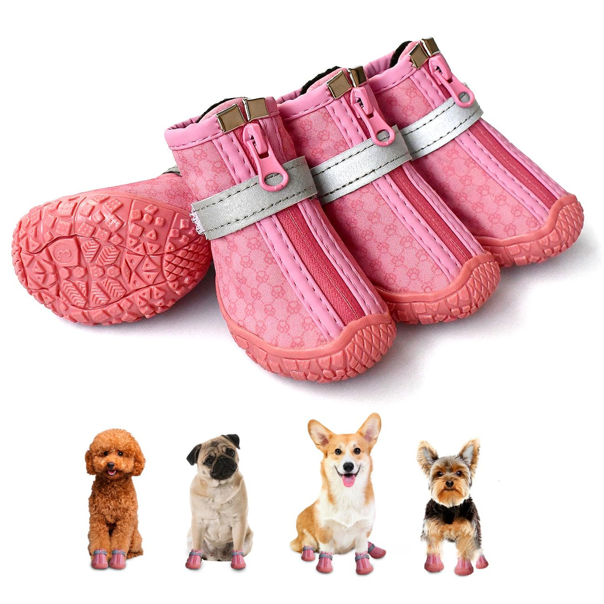 Pink Dog Shoes for Small Dogs, Anti-Slip Dog Boots with Reflective Strips, Puppy Paw Protectors for Ourdoor Indoor Walking Winter Snow Summer Hot Pavement, Waterproof in Rainy Weather 4PCS/Set