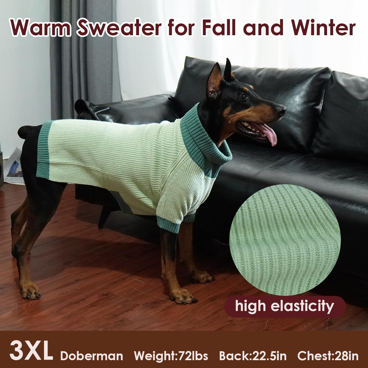 IKIPUKO Dog Sweater XXXL, Turtleneck Sweaters with Leash Hole, Soft Knit Pullover for Large Dogs Male Female, Winter Thermal Pet Sweaters for Doberman Labrador, Green 3XL