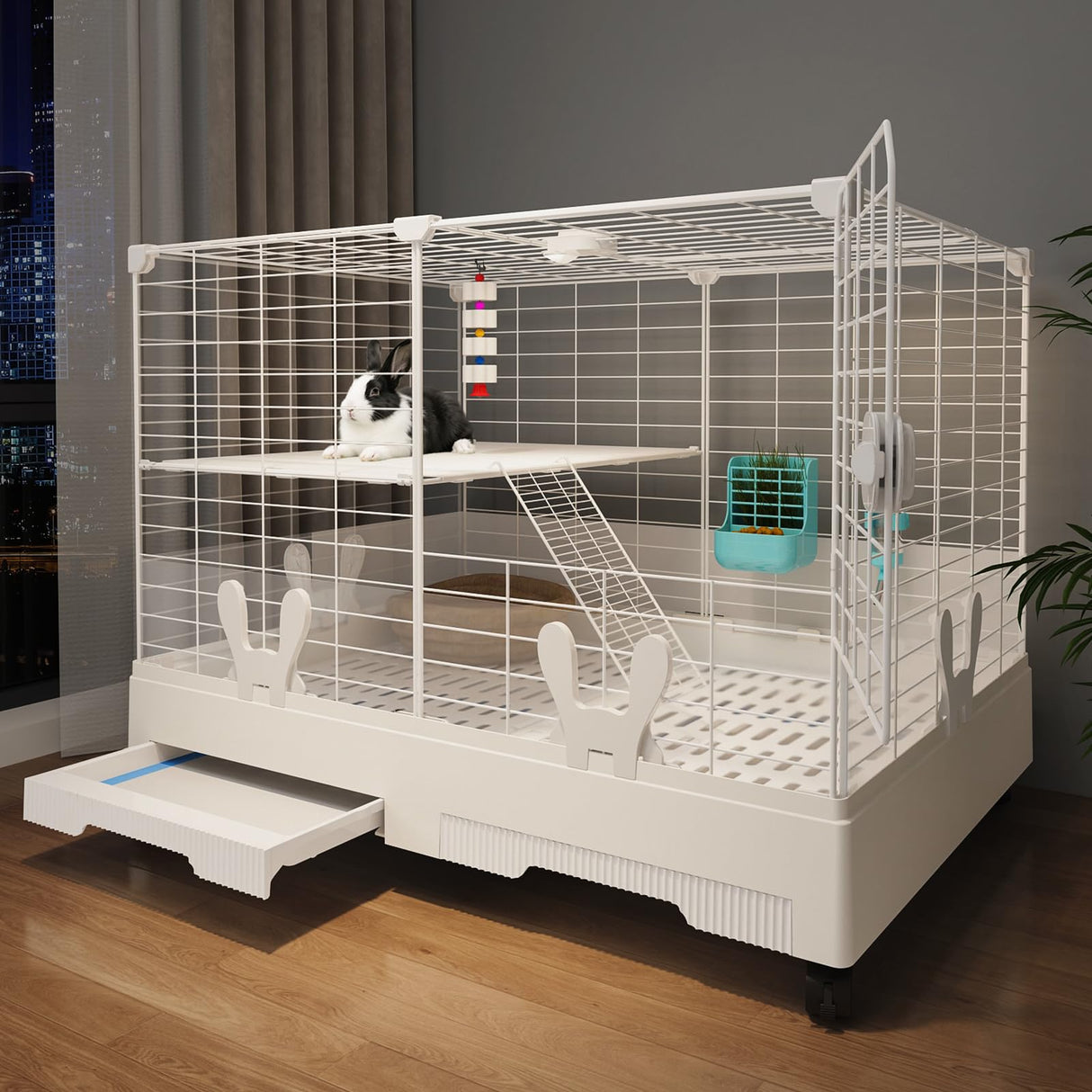 Oneluck Rabbit Cage Indoor,Loft Bunny Hutch with Urine-Proof Wall,Leak-Proof Trays, Wheels 28.7" L x 18.1" W x 25.6" H for Rabbits Chinchillas, Guinea Pig and Small Animal