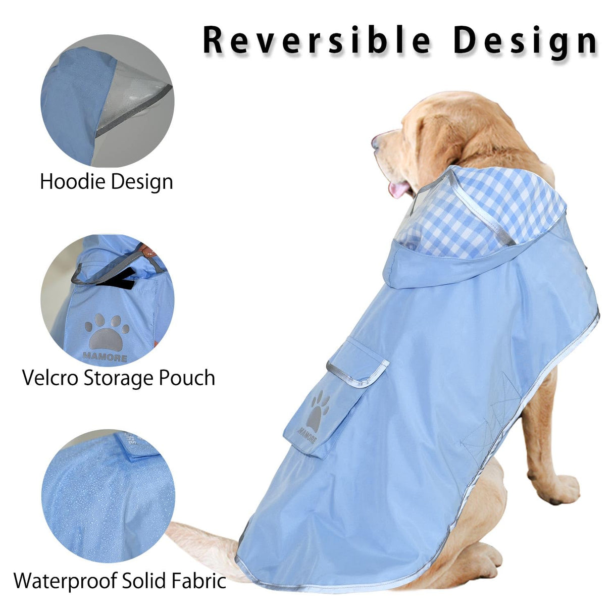 MAMORE Dog Raincoat Reversible,Waterproof Dog Rain Coat Hooded Slicker Poncho with Reflective Strip, Plaid Double Layer Rain Jacket for Small Medium Large Dogs (Light Blue, Large(22-37lb))