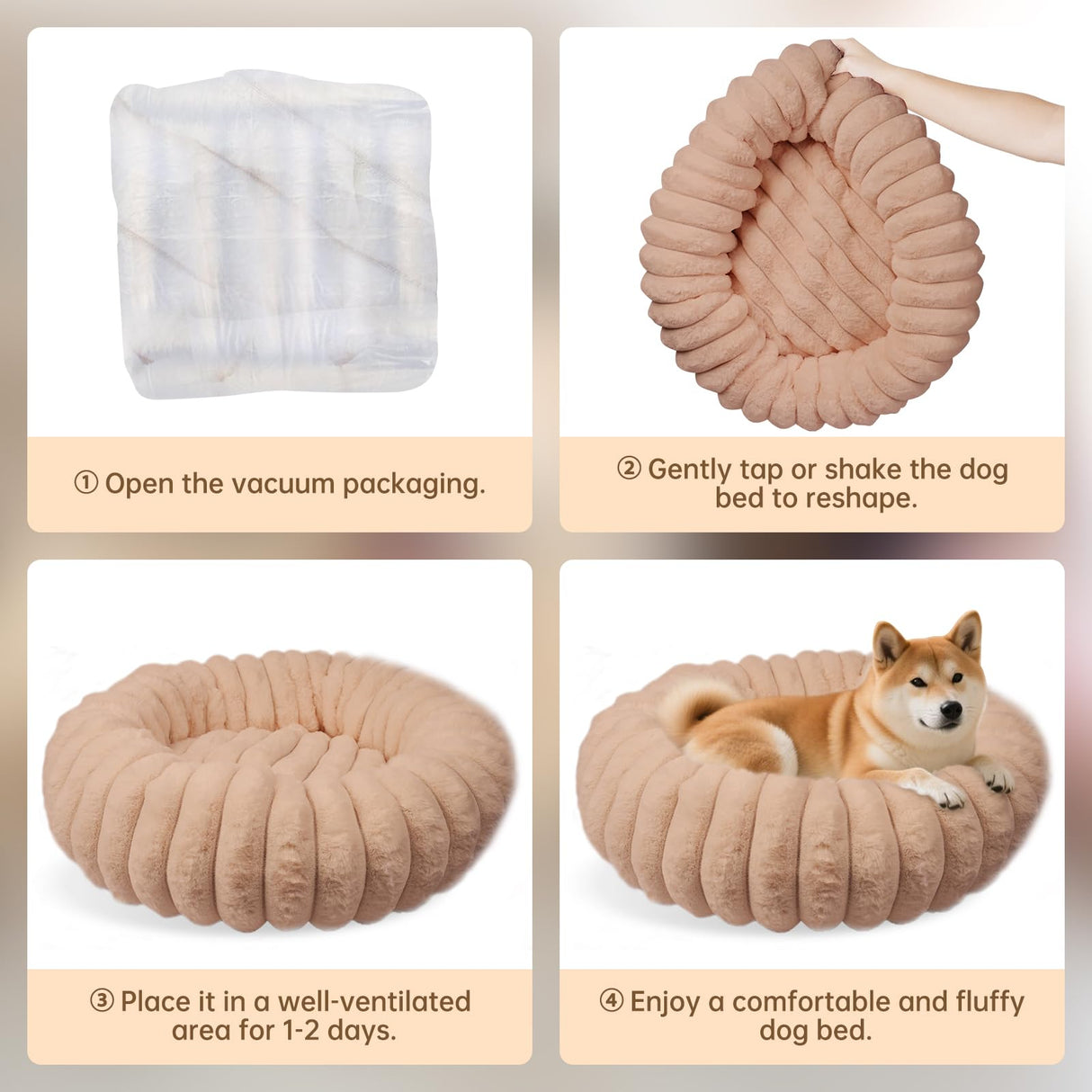Vhen When Donut Dog and Cat Bed, Luxurious Comfortable Faux Rabbit Fur Pet Beds, Round Anti-Anxiety Calming Puppy Kitten Bed with Anti-Slip Bottom for Small Medium Dogs & Cats(28", Brown)