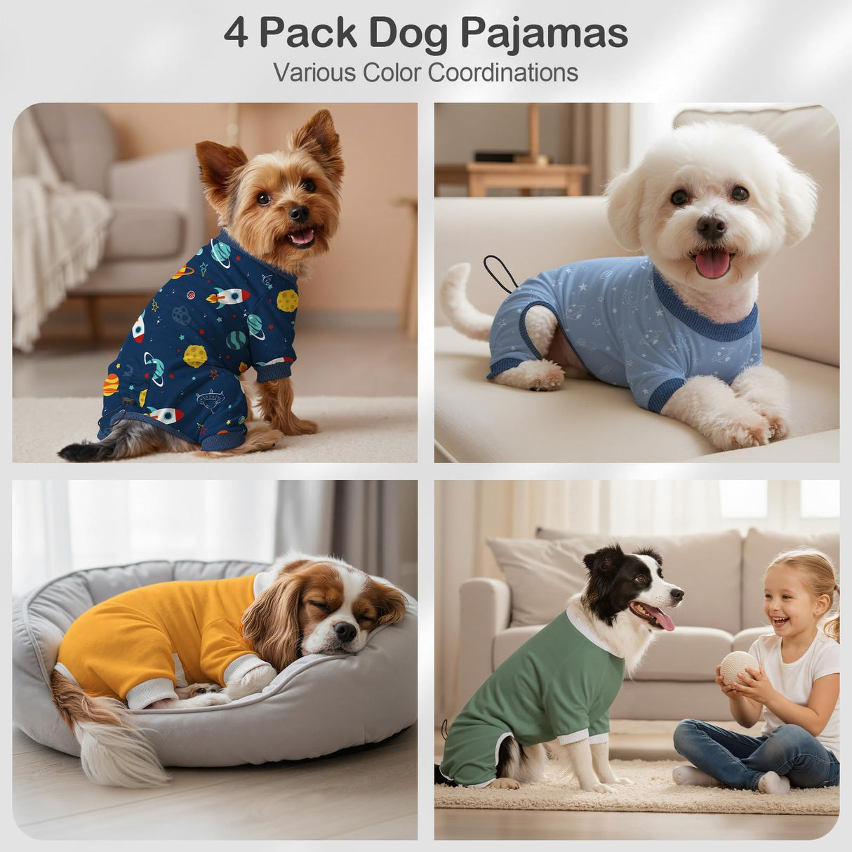 4 Pack Dog Pajamas Pet Costumes Dog Jammies Onesies Sweatshirt Adjustable Breathable Stretchy Clothes for Puppy Small Medium Large Dogs Girls Boys,XS