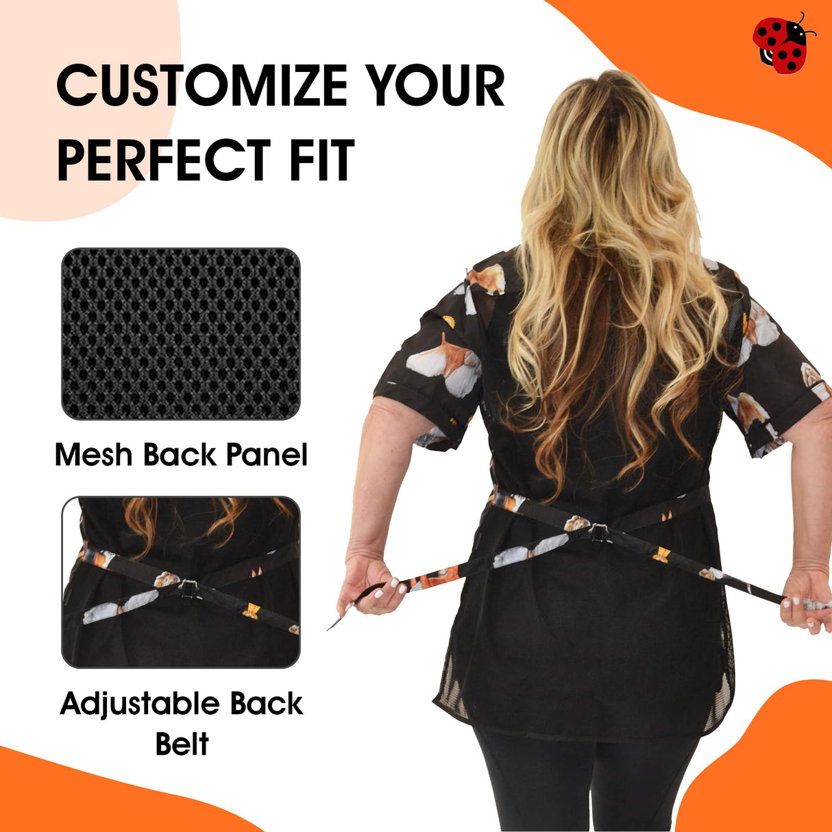 Ladybird Line 803 Water Resistant Dog Groups Stylist Grooming Smock, Hair and Bleach Resistant with Covered Zipper Panel, Mesh Back and Back Tie Belt, Ideal for Pet Groomers and Vet Clinics - Medium