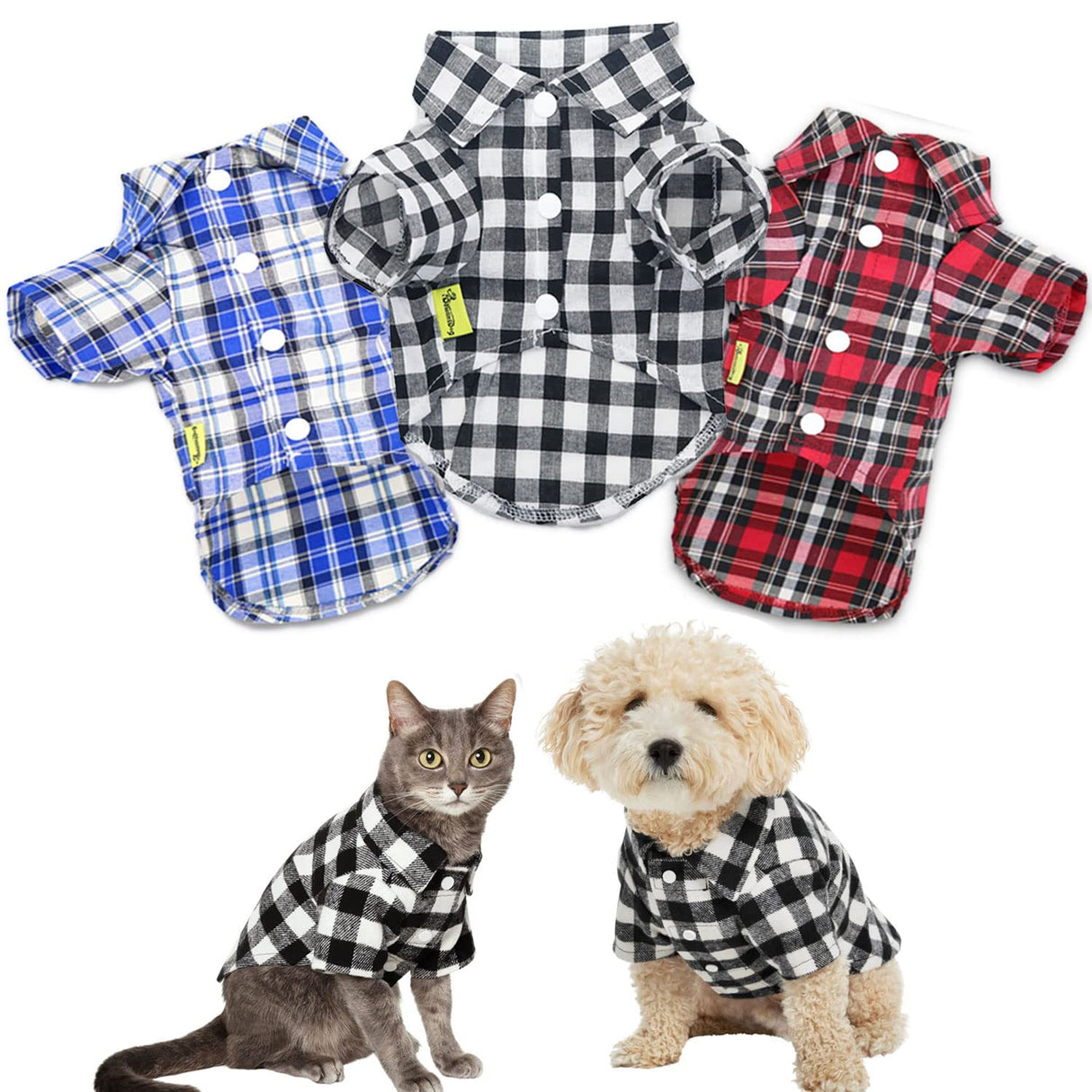 DroolingDog 3 Pack Plaid Dog Tee, Puppy Button Up Shirt, Polo T-Shirt, Breathable Summer Tee, Medium