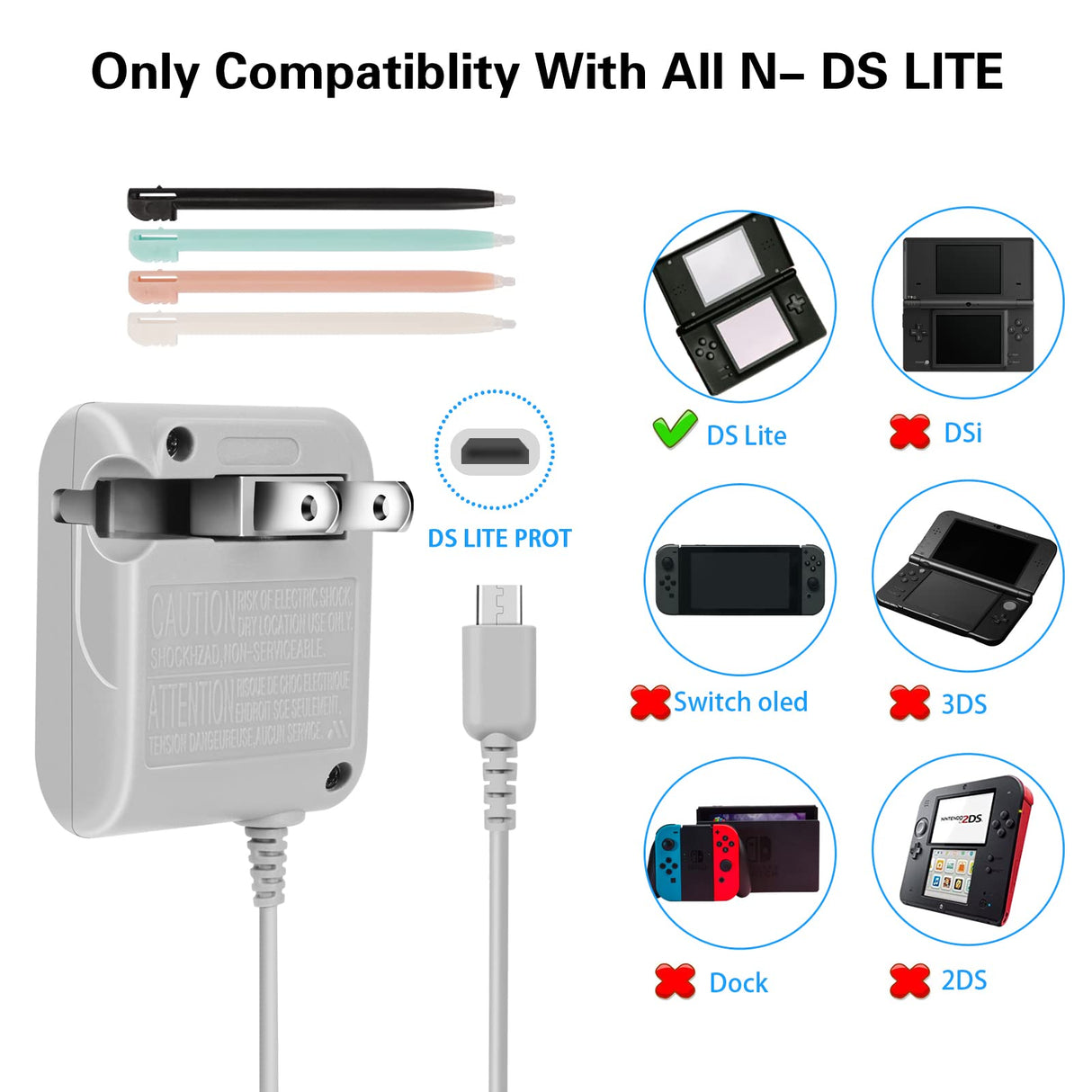 DS Lite Charger Kit Compatible with Nintendo DS Lite 100-240V Wall Plug Adapter with 4 Stylus Pen for Nintendo DS Lite