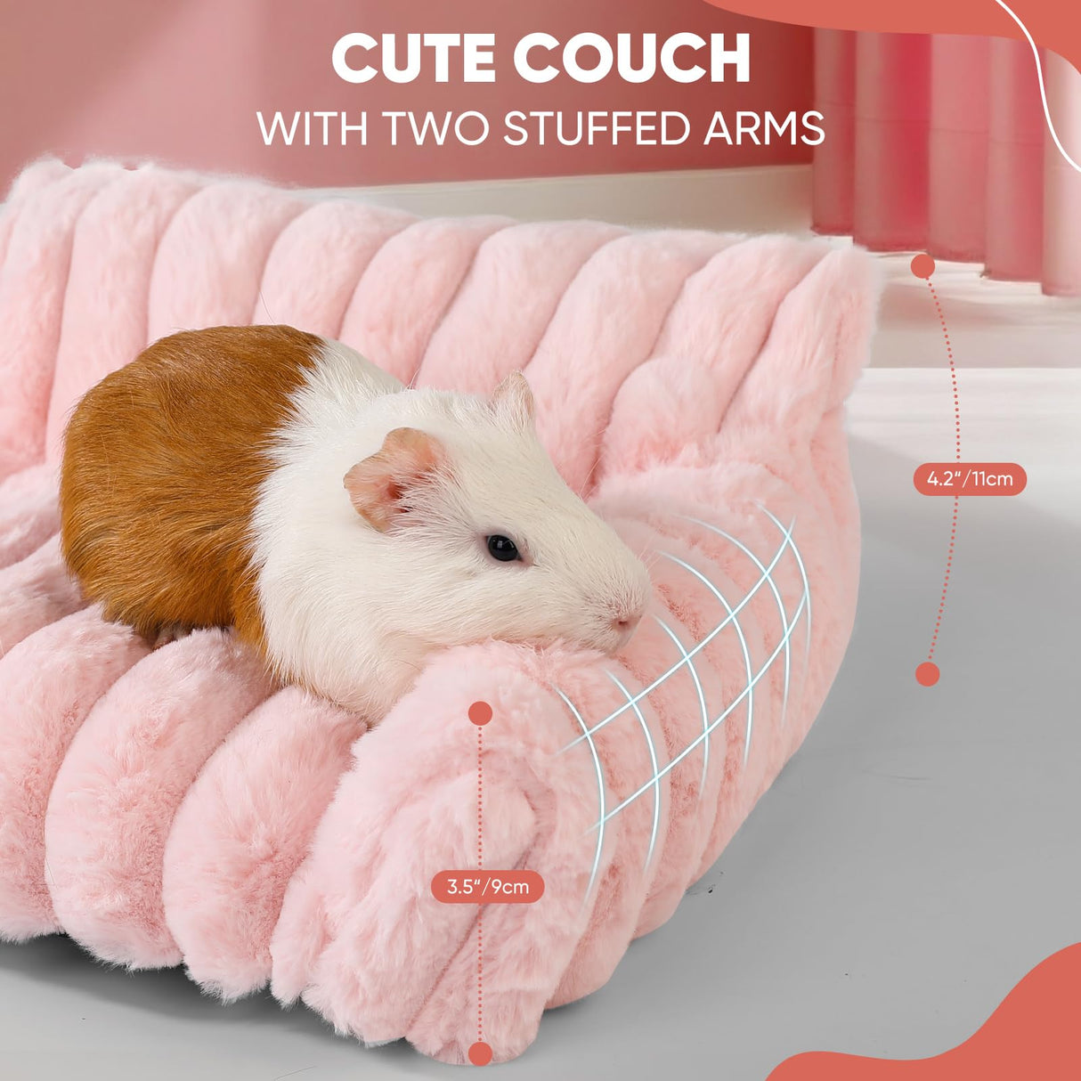 ONEJU Guinea Pig Couch - Fluffy Small Pet Sofa with with Two Removable Washable Covers, Guinea Pig Bed with Stuffed Arms and Back, Super Cozy Corduroy Fleece, Pink and Dark Gray Respectively